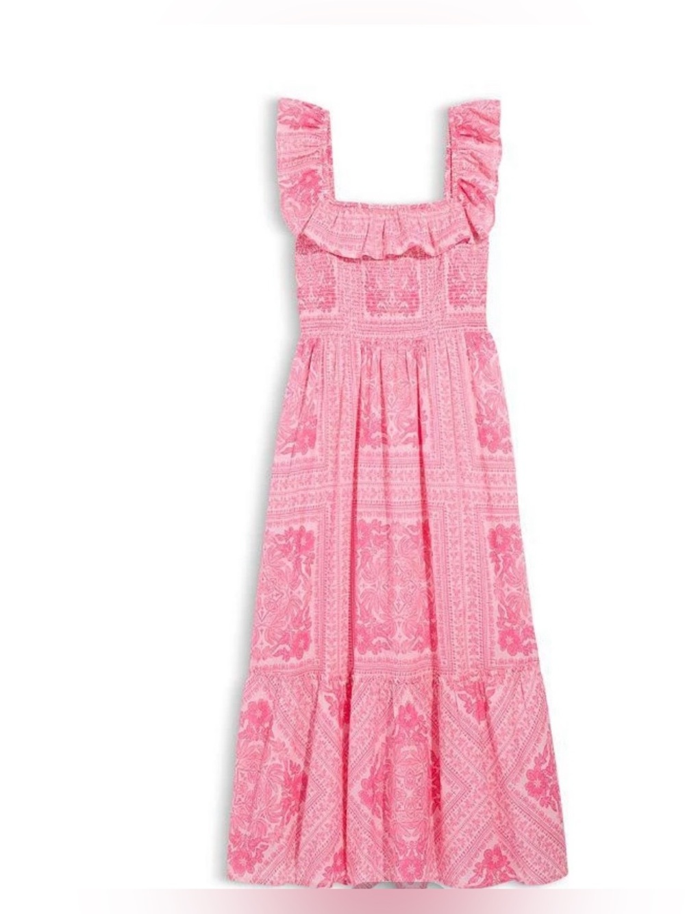 Vineyard Vines Midi Dress-Pink Cotton Smocked Ruffle Square-Neck - Picture 4 of 12